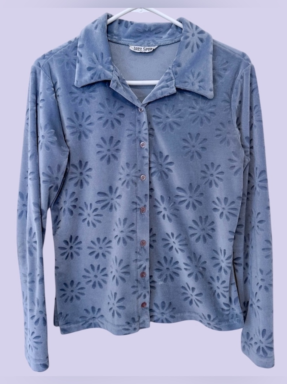 Y2k blue grey floral velour long sleeve shirt
